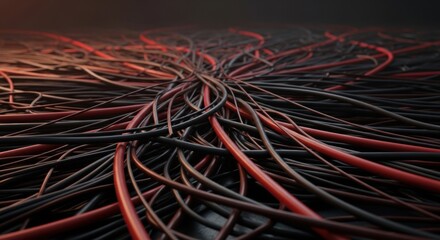 A dense and chaotic network of intertwined red and black cables spreading across a dark surface.