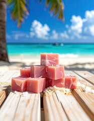 Pink Cubes Stacked On Wooden Surface Beside Beach With Tropical Landscape Under Blue Sky