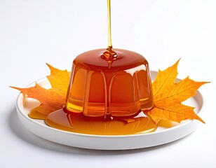 Amber Dessert with Pouring Syrup and Autumnal Maple Leaves on White Plate