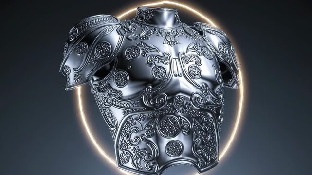 Detailed look at ornate armor design with intricate patterns and shiny finish in a studio setting