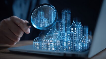 A hand holds a magnifying glass over a laptop displaying a 3D digital model of city buildings, showcasing modern technology in architecture and design.