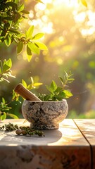Close Up of a Mortar and Pestle with Fresh Green Herbs on Wooden Table with Bokeh Background