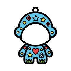 Cartoon Character Illustration with Blue and Black Outline Featuring Decorative Floral and Star Accents and Heart Shape on White Background