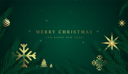 Luxury Christmas banner Concepts vector Design with Elegant Merry Christmas Text used in Banner Template on dark green background. Vector Illustration Design