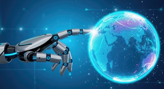 Robotic Hand Touching Digital Earth Technology Future Innovation Global Futuristic Connection Interface Precision Advanced Connection Intelligence
