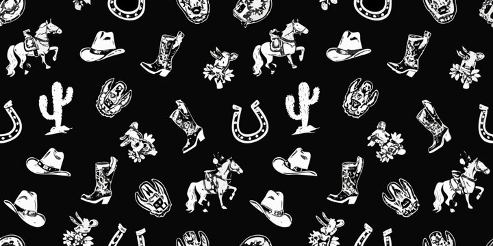 Whimsical western cowboy pattern with horses hats boots cacti and horseshoes on black background