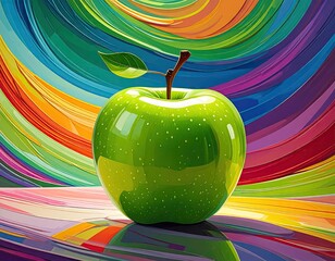 Vibrant Green Apple with Leaf on Rainbow Swirl Background Reflecting Light