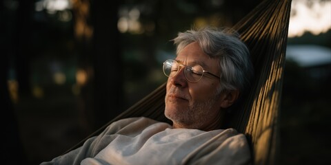 Obraz premium Elderly caucasian male relaxing in hammock at sunset outdoors