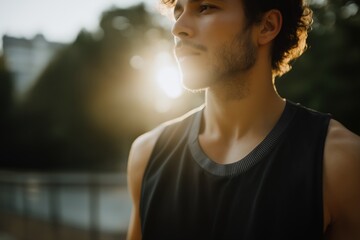 Young caucasian male in athletic wear outside during sunset