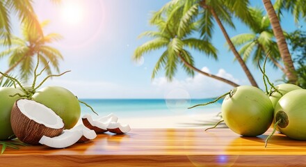 Fresh green coconuts and split old coconuts on a wooden table with tropical beach and coconut trees in a sunny day