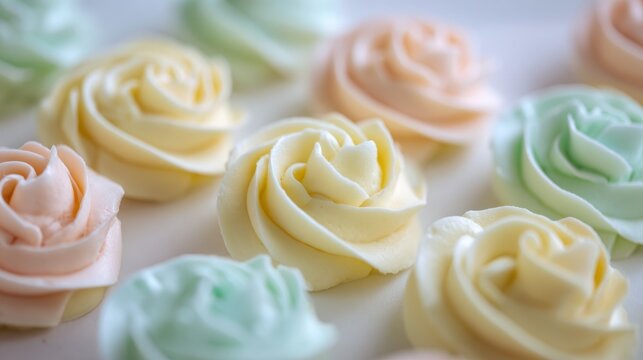 Delicate buttercream rosettes arranged in a perfect grid, showcasing a satin sheen and soft pastels for a clean, minimal aesthetic.