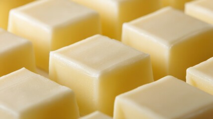 An artistic macro shot of butter pats arranged in a clean, minimal composition, showcasing silky edges and soft pastel tones.
