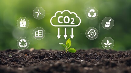 Carbon reduction and sustainability. Digital icons depict a CO₂ cloud with downward arrows, symbolizing carbon capture and reduction. Renewable energy, recycling, green industry.