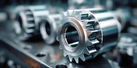 Fototapeta premium Shiny Chrome Spur Gear and Shaft Component with Blurred Industrial Background
