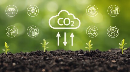 Carbon reduction and sustainability. Digital icons depict a CO₂ cloud with downward arrows,symbolizing carbon capture and reduction.Renewable energy, recycling, green industry. Eco-friendly.