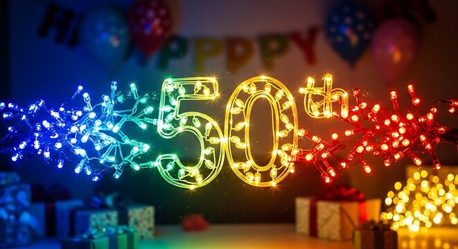 Celebratory 50th anniversary lit up display with colorful lights and gifts