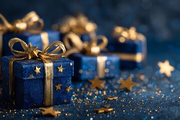Beautiful christmas background with blue presents and golden stars in a festive atmosphere