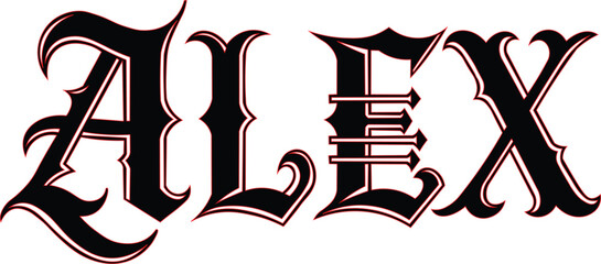 Bold Alex custom name design in black with red outline, ready for eye-catching personalization and edgy apparel projects with unique, cool style
