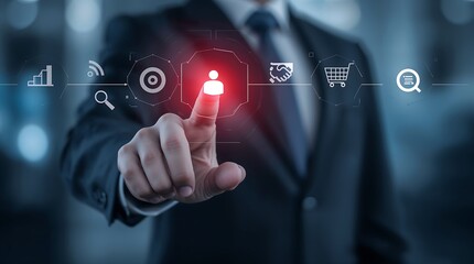 Marketing and customer analytics icons, including a target symbol with a person at the center, bar chart, shopping cart, handshake, and magnifying glass. Customer targeting and business strategy.