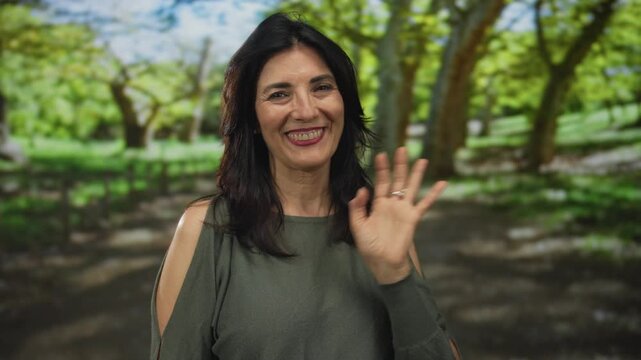 Middle aged woman wearing green top waves bare hand in sunlit forest while smiling warmly; warm friendly greeting.
