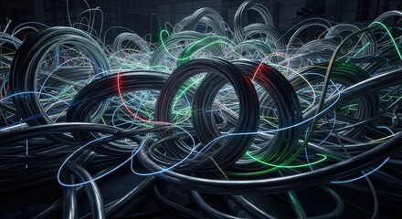 Intricate network of dark cables intertwined, illuminated with vibrant streaks of light.