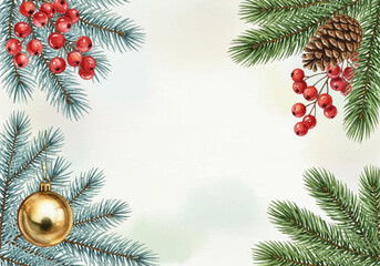 Beautiful watercolor holiday background featuring festive evergreen branches with red berries and a golden bauble, perfect for greeting cards and decorations