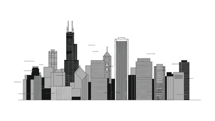 Obraz premium Urban Silhouette: A captivating monochrome image of a modern city skyline. It showcases towering skyscrapers and diverse architecture in a sleek, minimalist style.