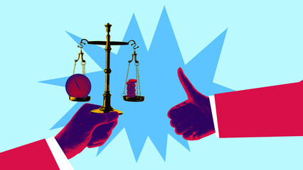 Graphic composition. Hands holding scale that balancing time and money, film grain effect. Concept of banking sector management, fintech analysis, and investment efficiency strategy.