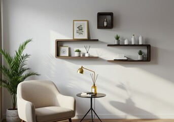 Fototapeta premium Modern interior space features dark floating shelves arranged artistically against a light wall