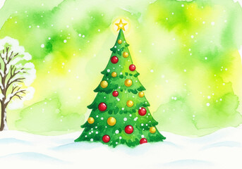 Festive holiday watercolor Christmas tree background with snow and baubles, a beautiful winter celebration