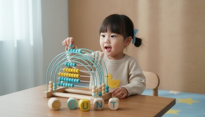 A cute Asian toddler girl learning to count with a colorful wooden abacus. Child playing with educational toys at home. Early childhood development and numeracy concept