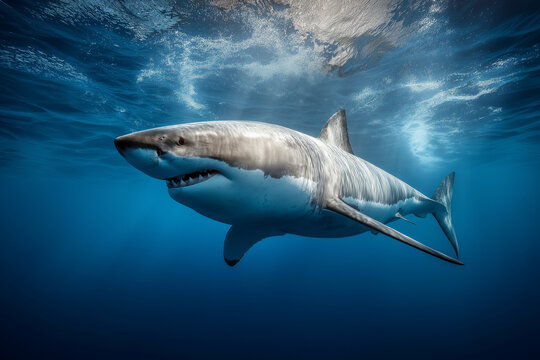 Great white shark swimming in open ocean, dynamic composition, powerful presence