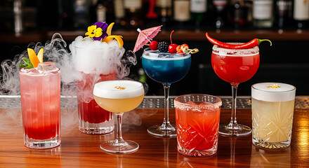 Colorful Cocktail Collection A Vibrant Display of Refreshing Mixed Drinks with Decorative Garnishes for Any Occasion