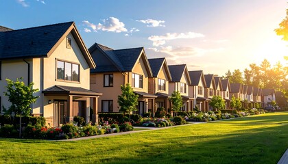 Suburban Homes at Sunset - A Row of Houses in a Neighborhood.