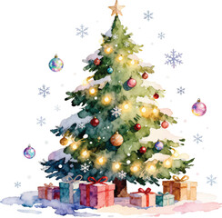 Watercolor Illustration of Decorated Christmas Tree with Gifts and Snowflakes