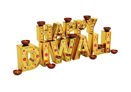 Diwali festival of lights decorative word art with lit diyas isolated on transparent background