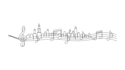 Harmony in Urban Rhythm: The silhouette of a cityscape dances along musical notation, merging the structured lines of buildings with the flowing melody of music, evoking a sense of urban harmony.
