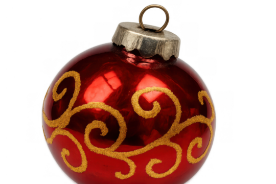 Christmas ornament concept for holiday season. Red bauble with golden glitter swirling patterns, isolated on transparent background