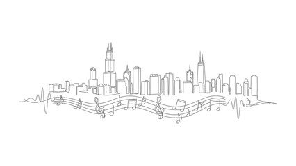 Obraz premium Chicago Skyline Symphony: An artistic depiction of the Chicago skyline, seamlessly interwoven with musical notes and sound waves, evoking the city's vibrant spirit.