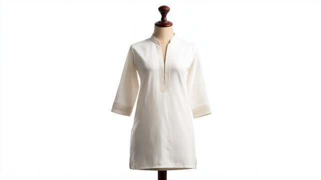 White short kurti on mannequin with three-quarter sleeves, high key background for catalog