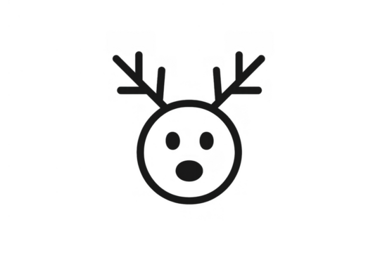 Shocked reindeer emoji icon showing surprise expression, simple christmas animal character with antlers on transparent background
