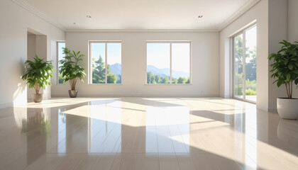 Fototapeta premium Chic living room with a large window allowing sunshine to brighten the clean shiny floor and open atmosphere