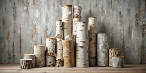 A Collection of Variously Sized Birch Wood Cylinders Arranged in a Decorative Stack Against a Textured Wooden Background