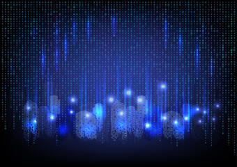 Digital code on modern cityscape glowing in the light on dark night background.