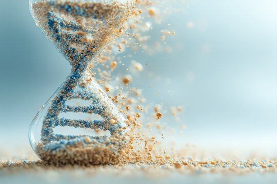 Futuristic life expectancy, longevity science concept with DNA helix and hourglass.