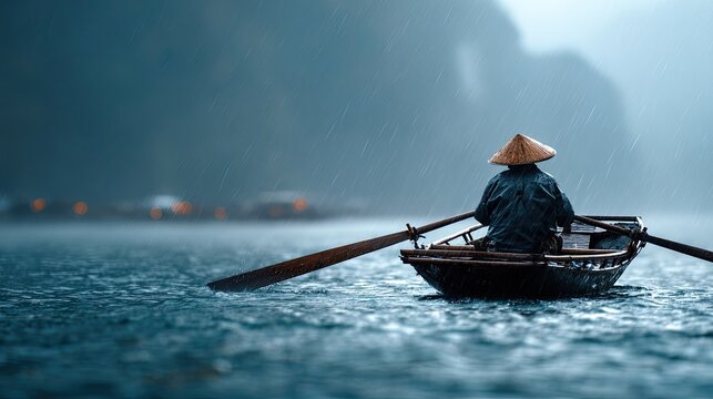 The Boatman's Journey: A solitary boatman navigates a tranquil river, under the soft drizzle, wearing traditional hat, embodying the spirit of serene travel.