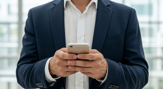 Close-up of an unrecognizable businessman in a formal suit holding and typing on a modern smartphone in an office setting
