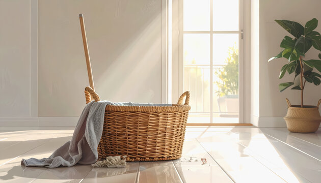 Laundry basket with towel and broom on floor in a modern home interior featuring copy space for text