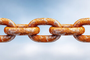 Fototapeta premium Close up of strong rusted metal chain with large links showing weathered texture against clear sky background