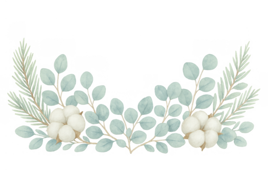 Winter botanical wreath arc with watercolor cotton, eucalyptus, and pine sprigs on transparent background